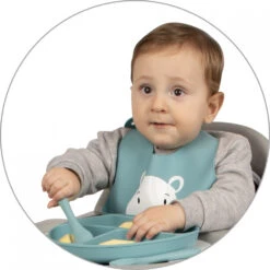 Sevibaby Turquoise Silicone Bord Met Zuignap 525-15 -Babyverzorging Winkel sevibaby turquoise silicone bestek 509 15 4 1